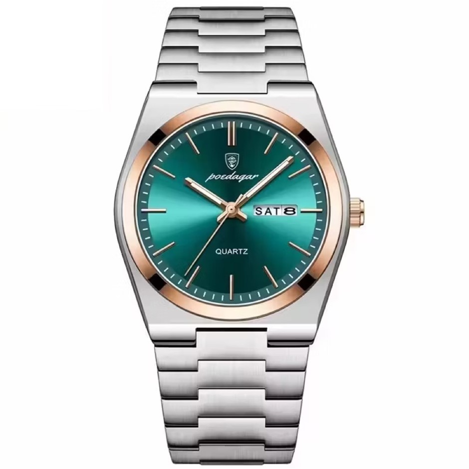 Luxury Quartz Watch Men, Calender with Strap, Silver/Rose Gold/Green