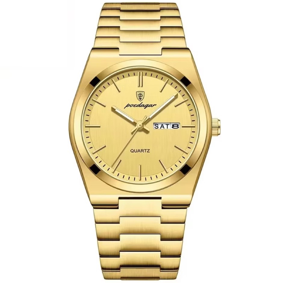 Luxury Quartz Watch Men, Calender with Stainless Steel Strap, Gold