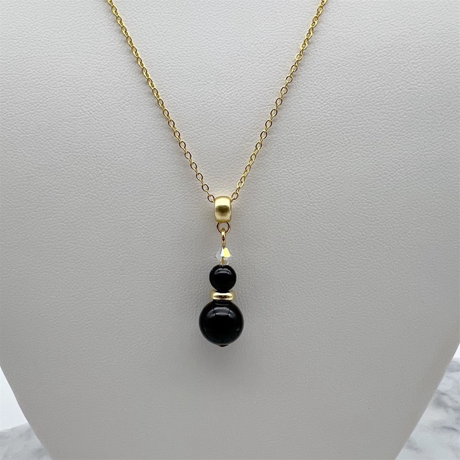 Black Agate & Swarovski® AU strian Crystal Gold Plated Pendant Necklace
