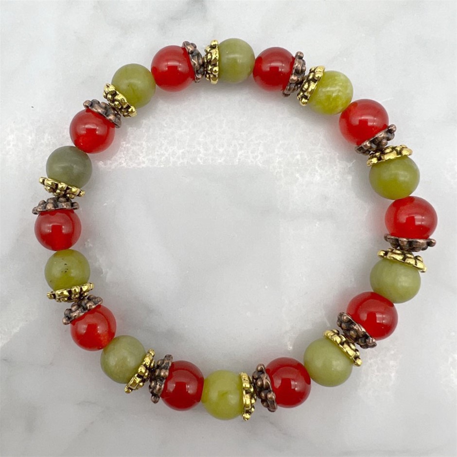 PeridotMalaysia "Jade" Quartz & Rhinestone Spacer Stretch Beaded Bracelet