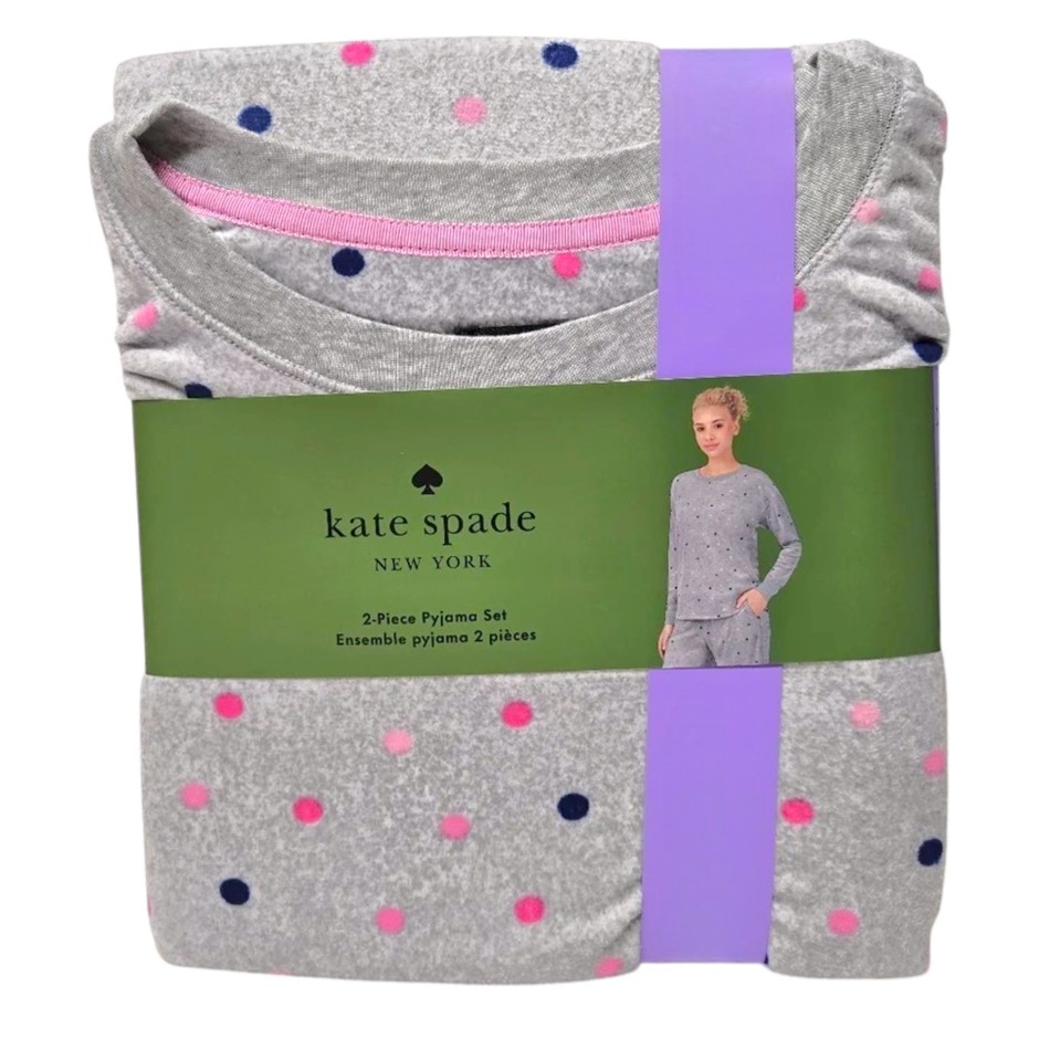 KATE SPADE Women's 2pc Velour Long PJ Set, Size L, Grey/Dots.