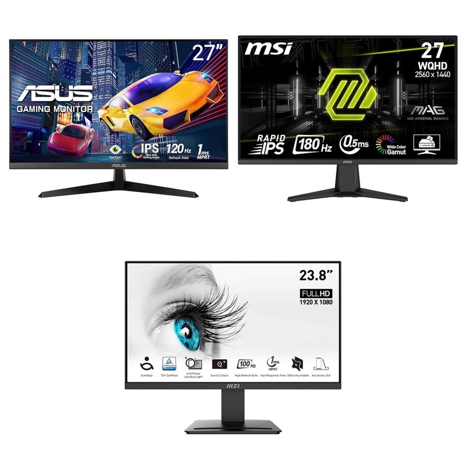 3 x Assorted Monitors. 1 x ASUS VY279HGR Monitor, 27-inch, IPS, FHD, 120Hz,