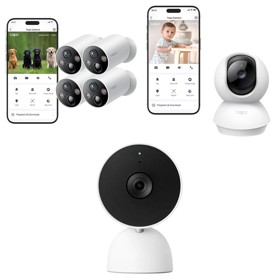3 x Assorted Security Camera Setups. 1 x 4 Pack TP-LINK Tapo Smart Wire-Fre