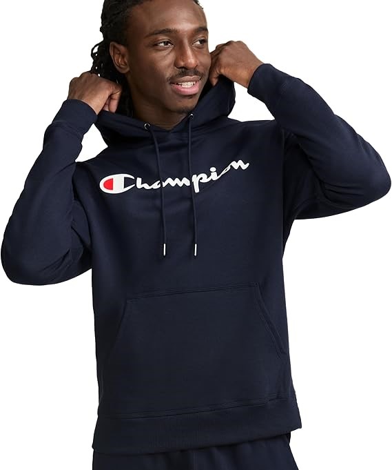 CHAMPION Men's Powerblend Fleece Script Logo Hoodie, Small, Navy Script, GF