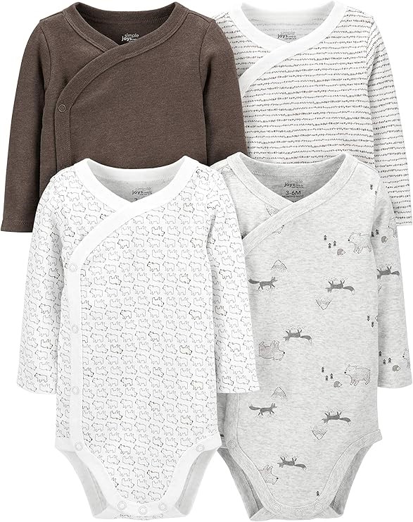 4 pack x SIMPLE JOYS Babies' Side Snap Bodysuit, Size 0-3 Months, Brown/Pri