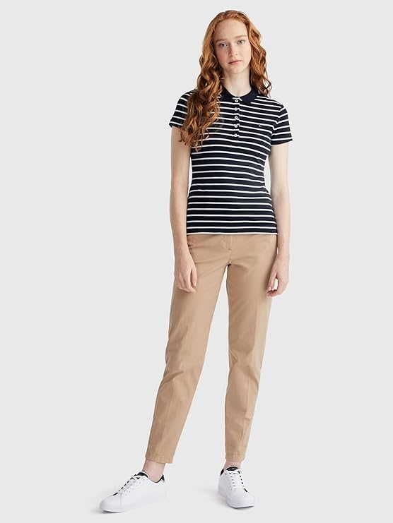 TOMMY HILFIGER Women's Stripe Slim Fit Polo Shirt, Size XS, Basellball Stri