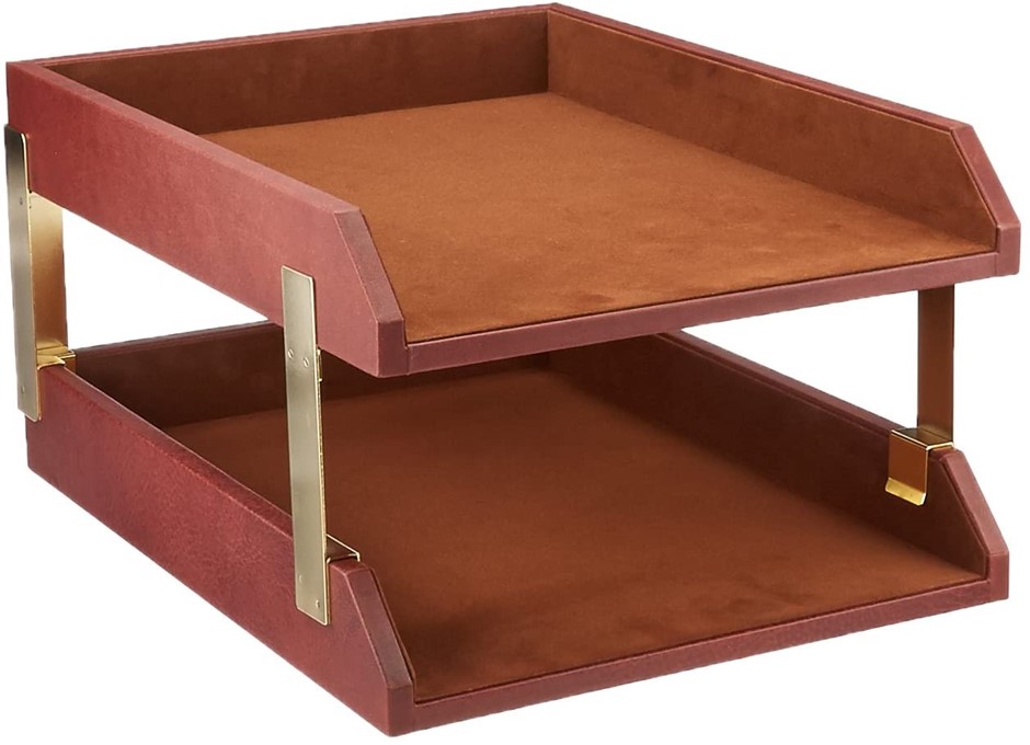 DACASSO Mocha Leather Double Letter Trays, 34.9 x 27 x 18.4 cm, Top-grain l