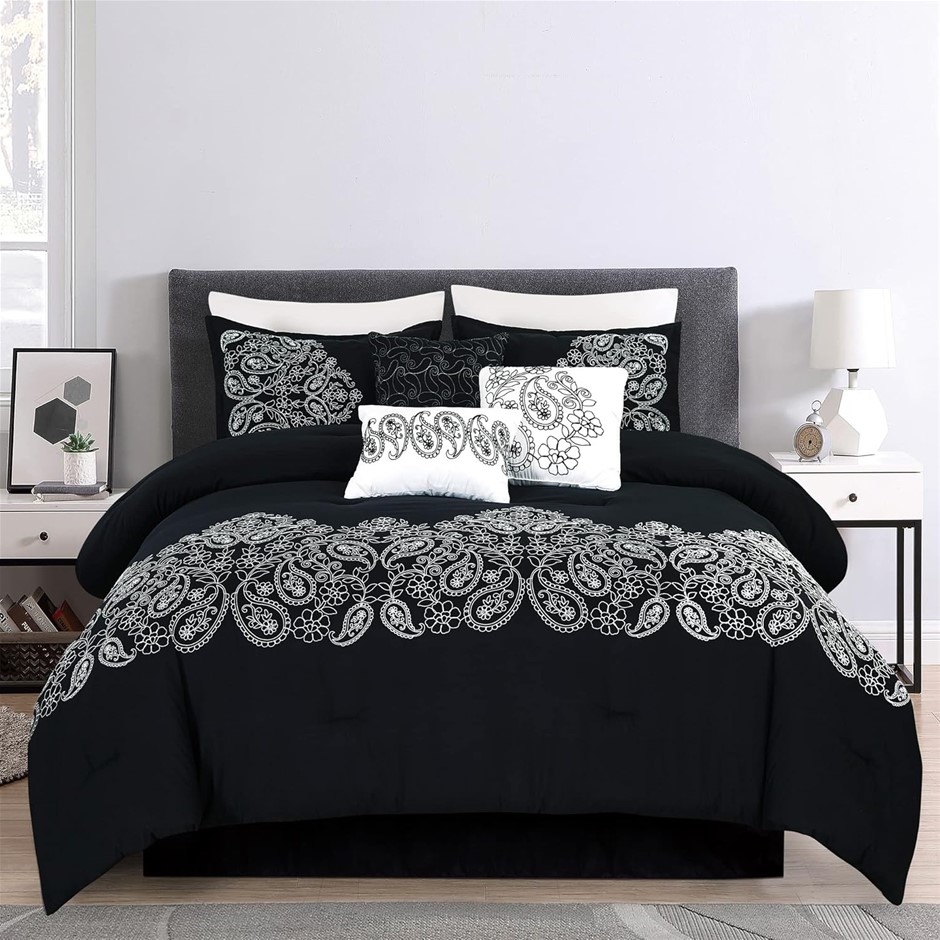 CHEZMOI COLLECTION Linz 7-Piece Black/White Paisley Floral Scroll Embroider