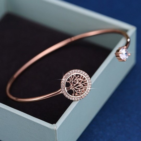 Simulated Diamond Tree of Life Cuff Bangle - Rose