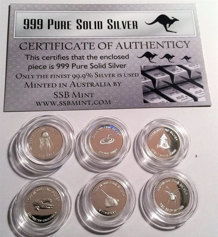 Set of 6 Danger Series 1g 999.0 Pure Silver Coins (6g Approx) C.O.A