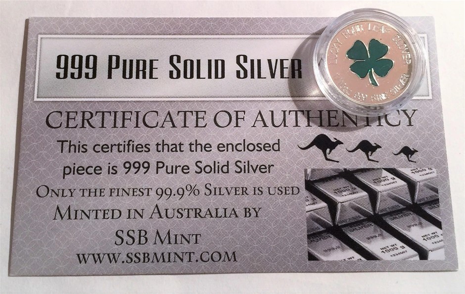 LUCKY FOUR LEAF CLOVER 1/10th Oz 999.0 Pure Silver Coin. Irish, C.O.A.