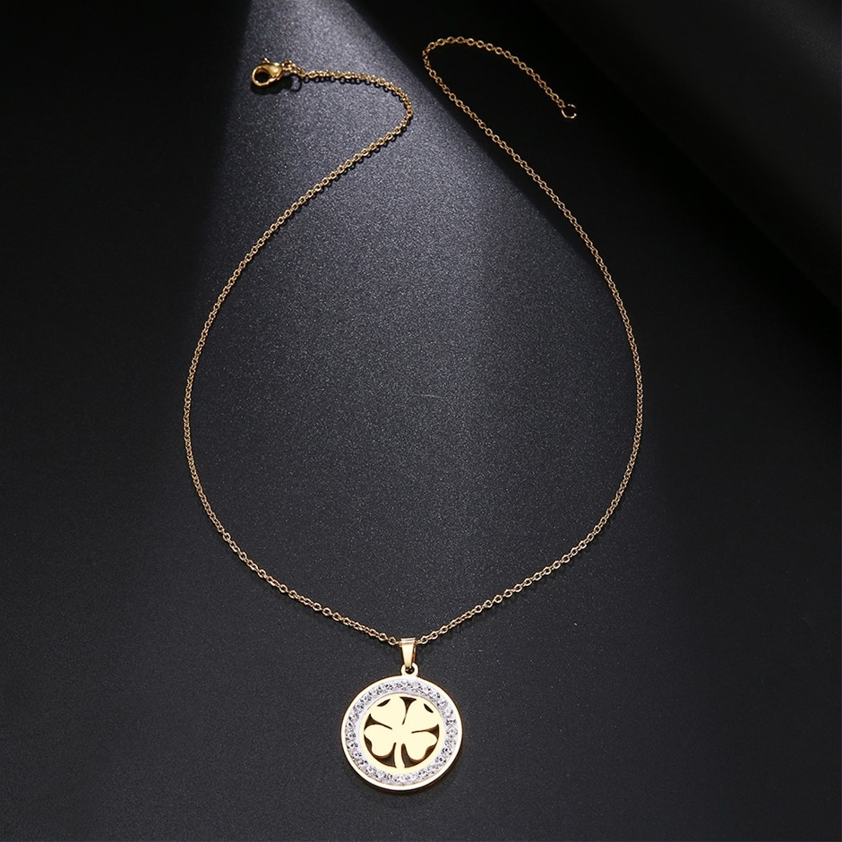 Stainless Steel Clover Necklace with Simulated Diamonds - Yellow