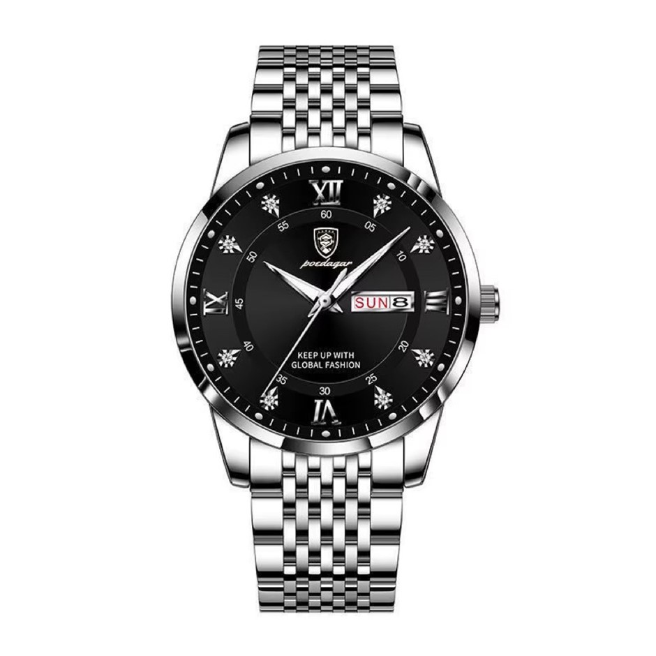 Luxury Business Men's Quartz Watch Stainless Steel, Silver/Black