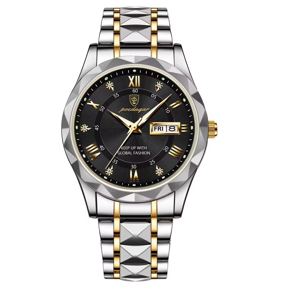 Luxury Men's Quartz Watch Date Week with Strap, Silver/Gold/Black