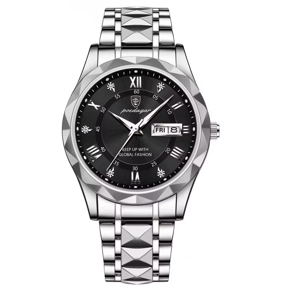Luxury Men's Quartz Watch Date Week with Stainless Steel Strap, Black