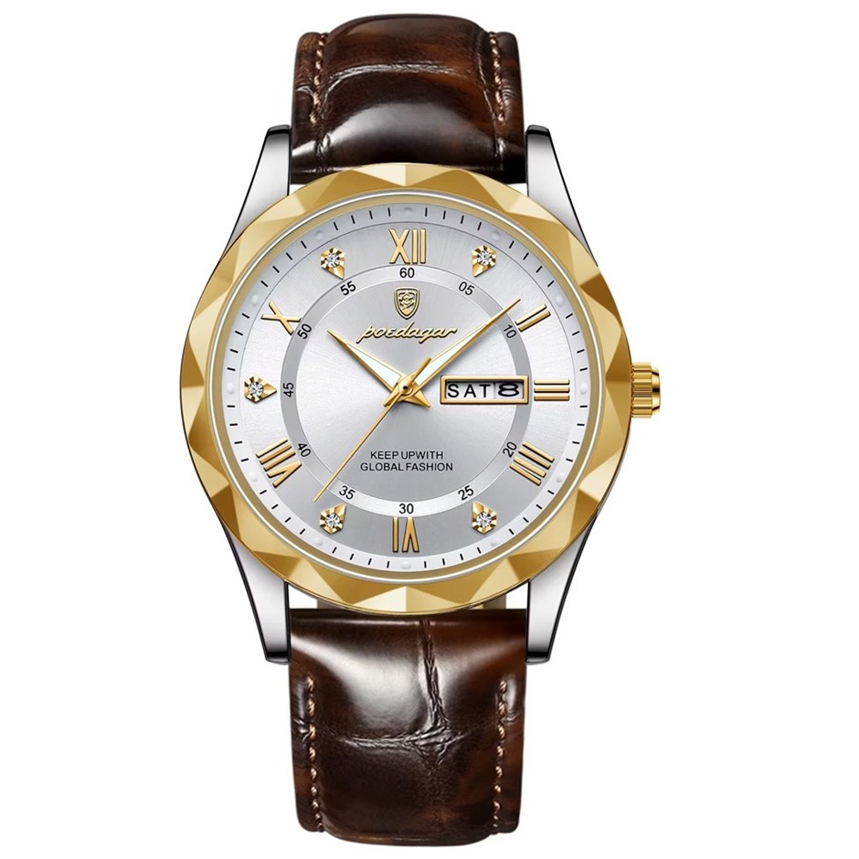 Luxury Men's Quartz Watch Date Week with Leather Strap, Silver/Gold
