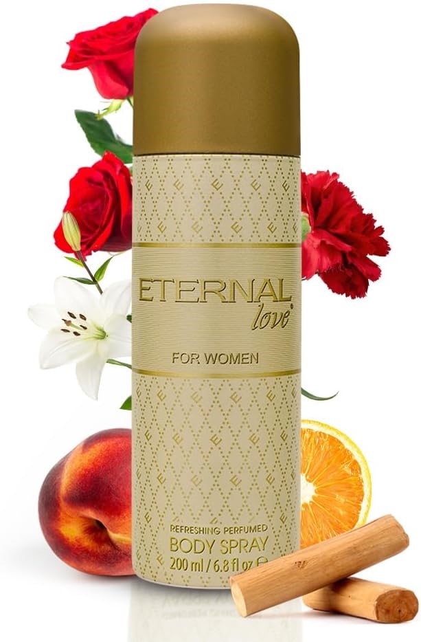 4 x ETERNAL LOVE Body Spray for Women, Peach, Ginger & Mandarin Top Notes,