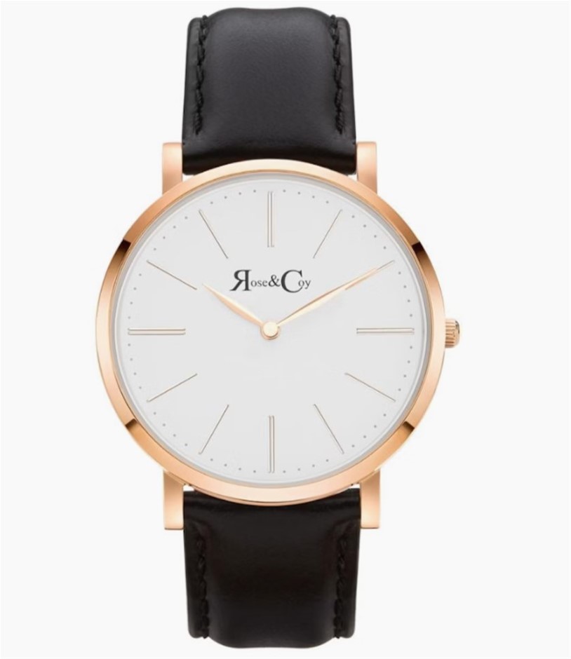 ROSE AND COY 4cm Pinnacle Ultra Slim Black Leather Watch, Rose Gold. NB: Ne