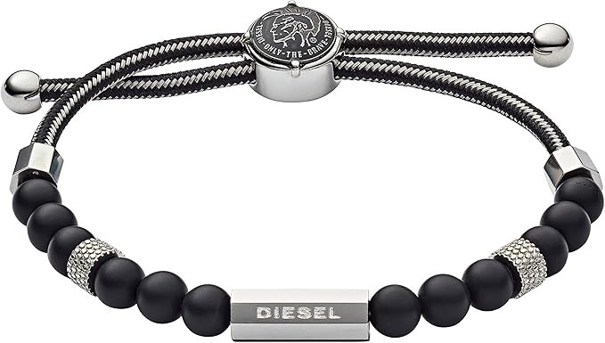 DIESEL All-Gender Stainless Steel & Beaded Bracelet, Silver/Black, DX115104