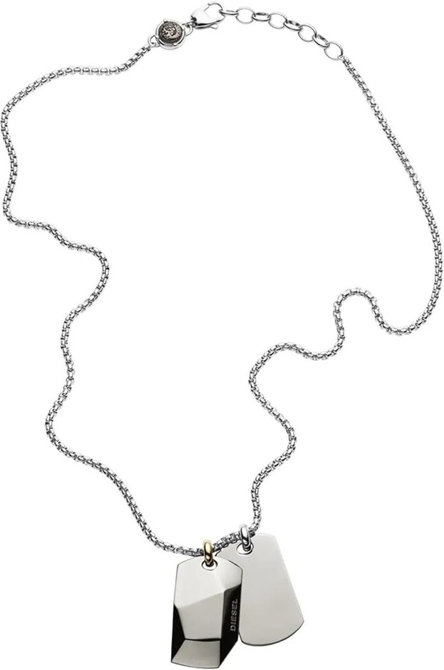 DIESEL Unisex Stainless Steel Dog Tag Pendant Necklace, Colour: Gunmetal/Si