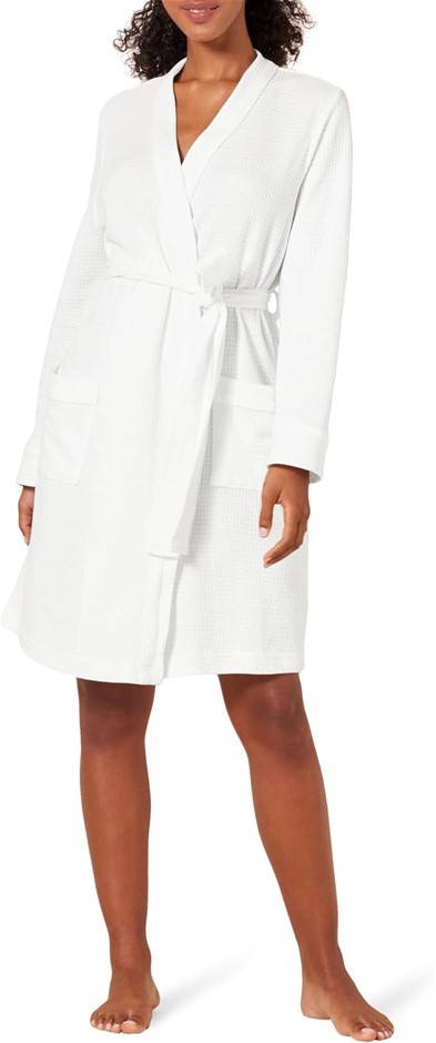 AMAZON ESSENTIALS Women's Lightweight Waffle Mid-Length Robe, Small, White,