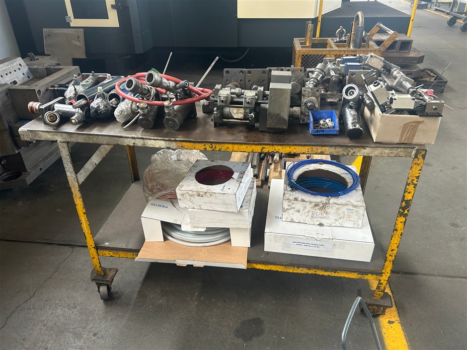 Steel Trolley & Contents of Hydraulic Cylinders & Festo Tubing