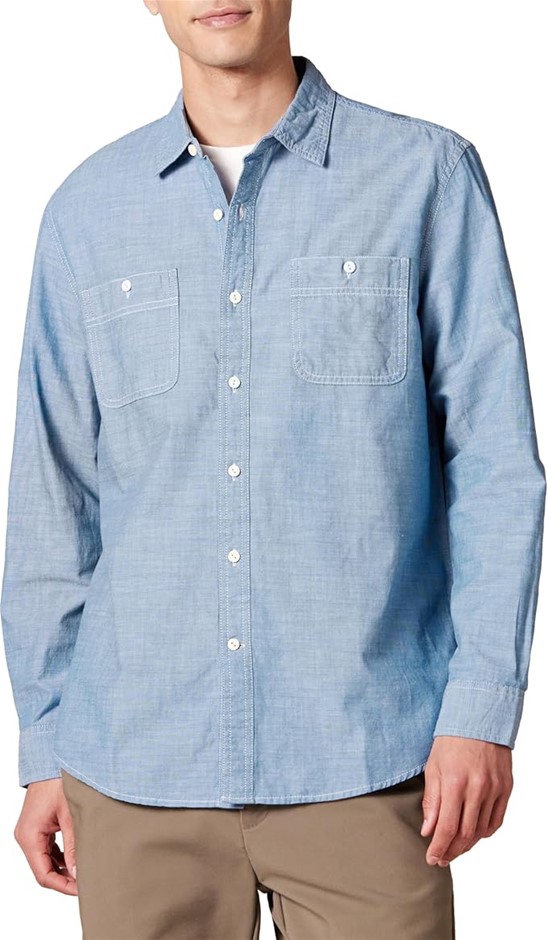 AMAZON ESSENTIALS Men's Long-Sleeve Chambray Shirt, Size XL, Blue, AE181178