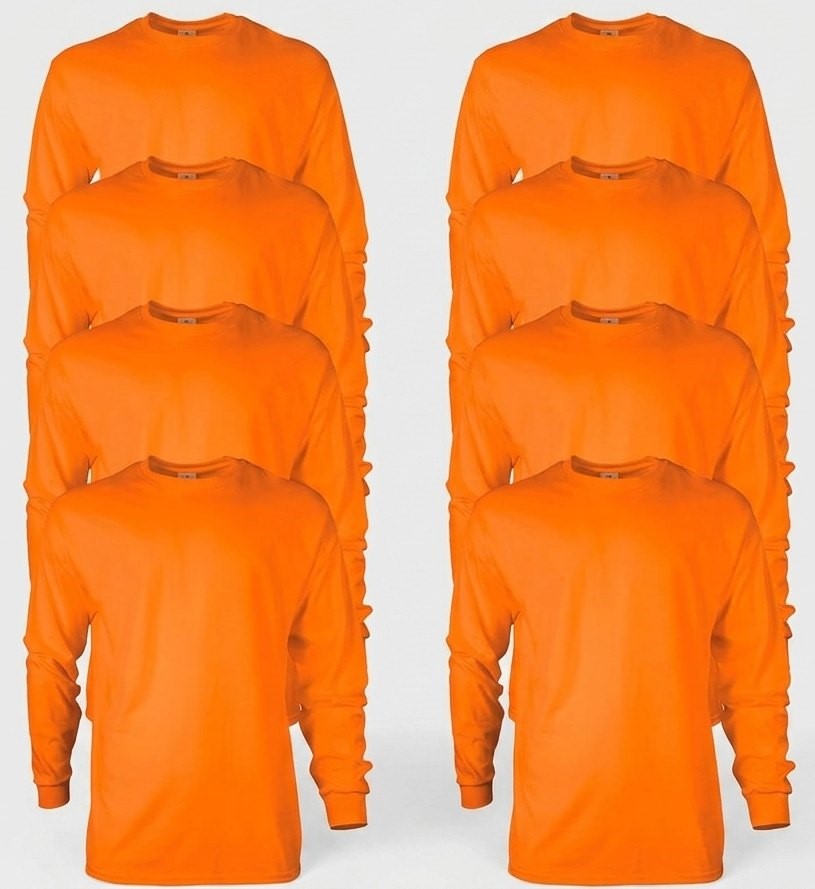 8 x GILDAN Men's Ultra Cotton Long Sleeve T-Shirt, Style G2400, Safety Oran