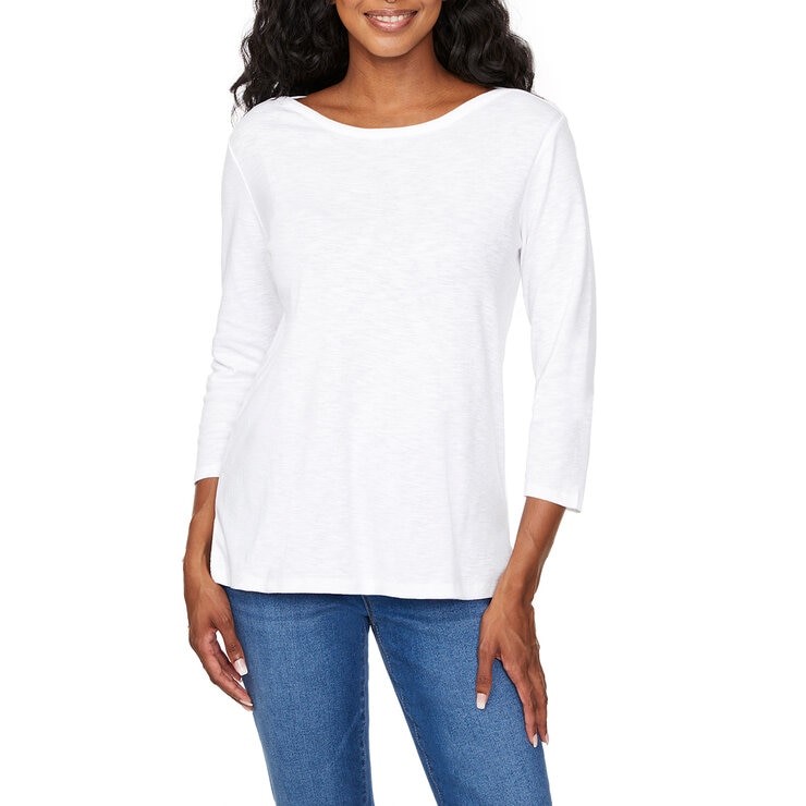 SIGNATURE Women's 3/4 Sleeve Boatneck Slub Tee, Size L, 100% Cotton, White.