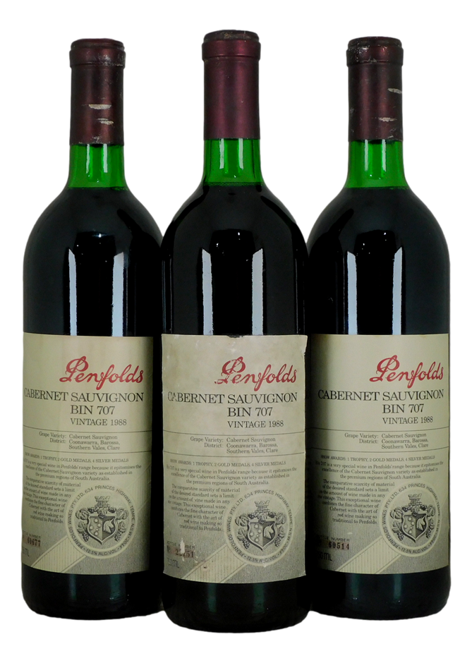Penfolds `Bin 707` Cabernet Sauvignon 1988 (3x 750mL) SA