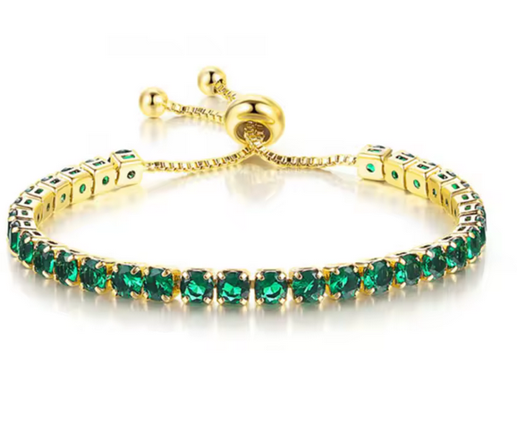 925 Sterling Silver Tennis Bracelet   Green Simulated Diamonds-adjustable