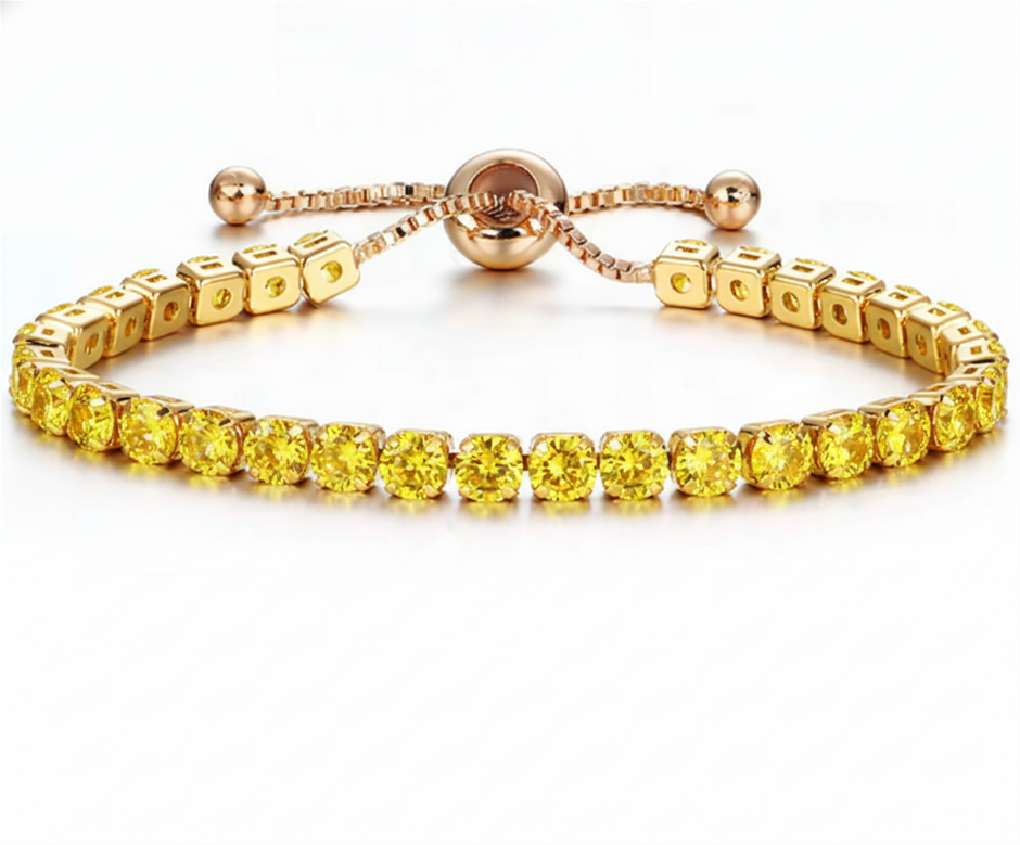 925 Sterling Silver Tennis Bracelet Golden Simulated Diamonds-adjustable
