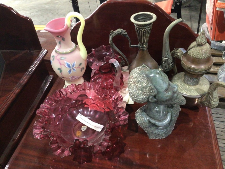 Folding Make up Mirror, Urn, Assorted Glassware & Prints