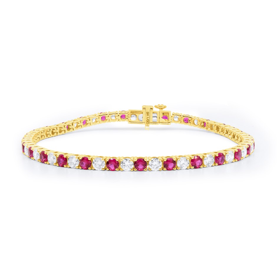 6.78 Carats yellow gold lab grown diamond & Ruby Tennis Bracelet