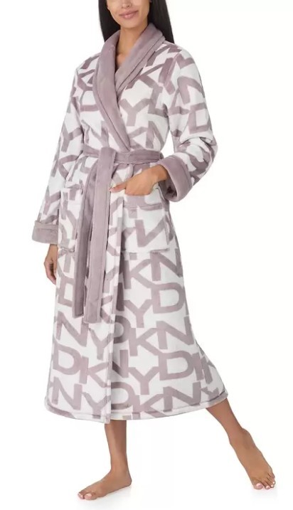 DKNY Women's Long Plush Robe, Size M, Quail. NB: not in original packaging.