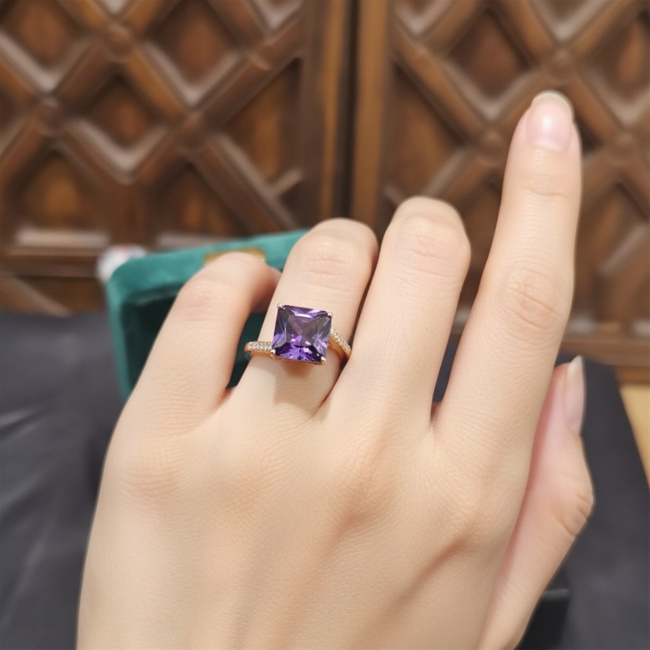 18K/Italy 3.0ct Purple Princess Cut Yellow Gold Filled Ring(stamped)-9US