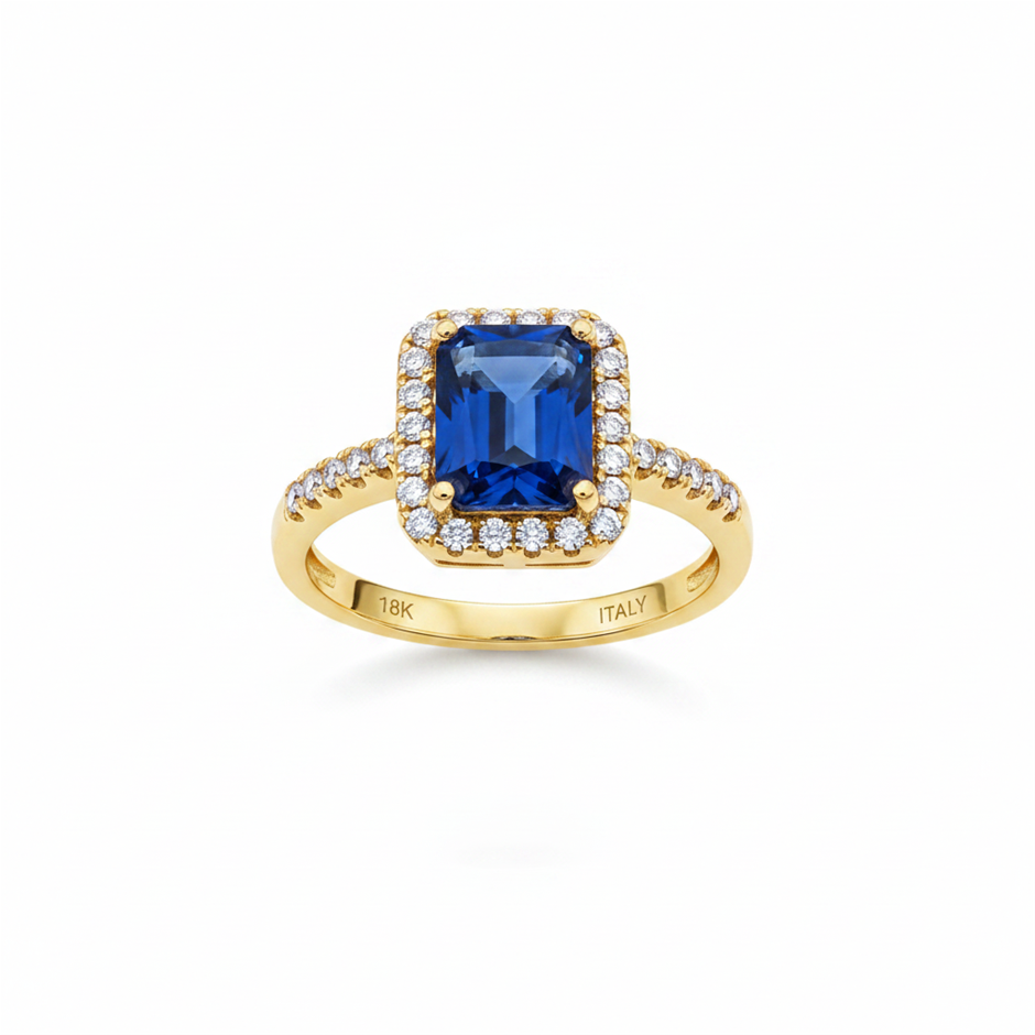 18K/Italy 2.5ct Blue Emerald Cut  Yellow Gold Filled Ring(stamped)-7US