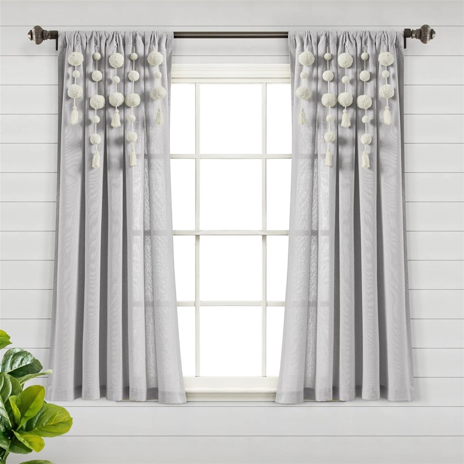 2 x LUSH DECOR Boho Pom Pom Tassel Linen Window Curtain Panel (Single Panel