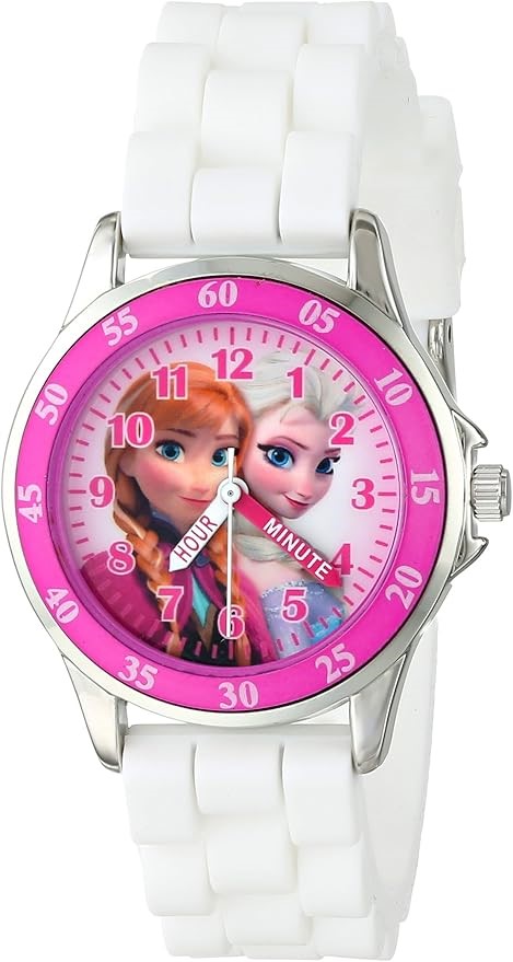 DISNEY KIDS Frozen Anna and Elsa Watch with White Rubber Band, White, Quart