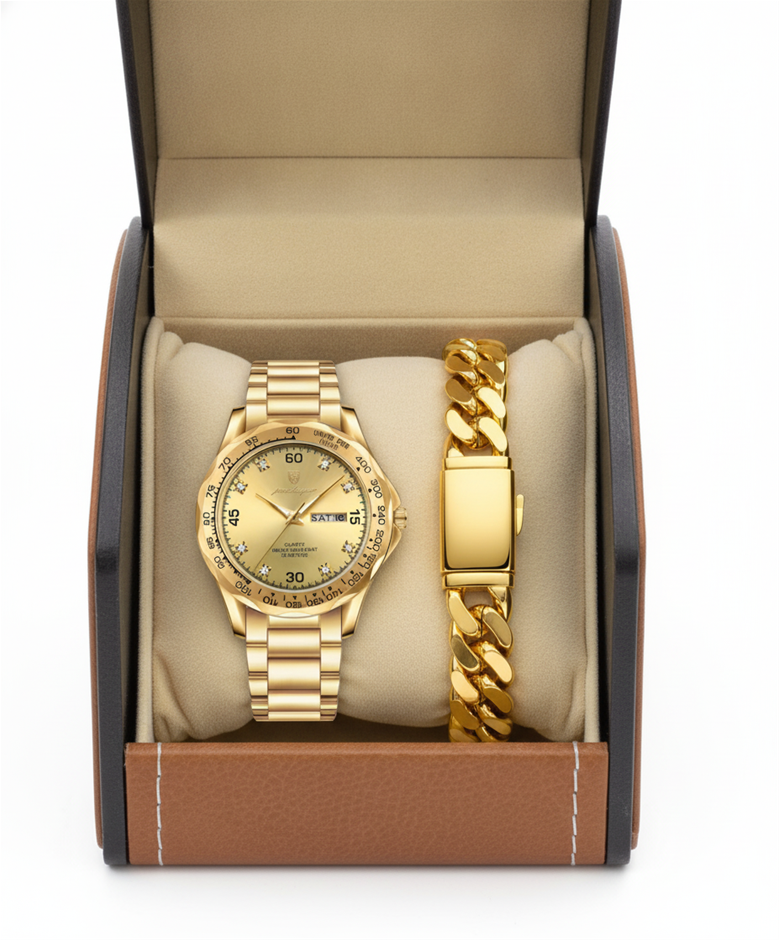 Luxury Men's Watch & Cuban Bracelet Gift Set with Premium Executive