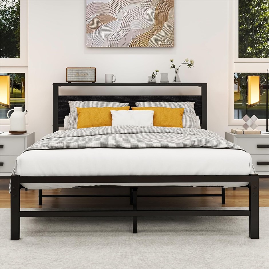 VERFARM Double Size Metal Platform Bed Frame with Storage Headboard