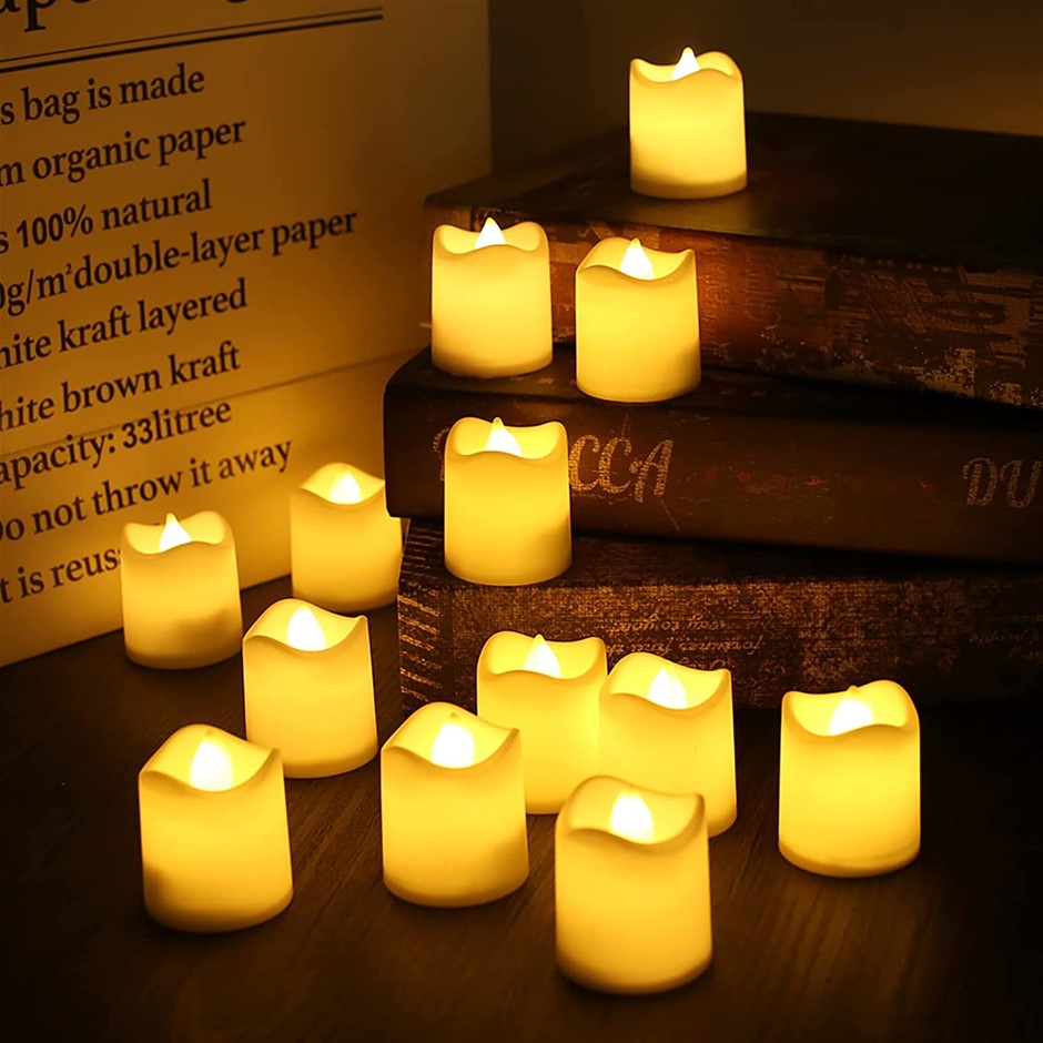 24pk Flameless LED Tea Light, Battery Powered, White w/ Orange Light.
