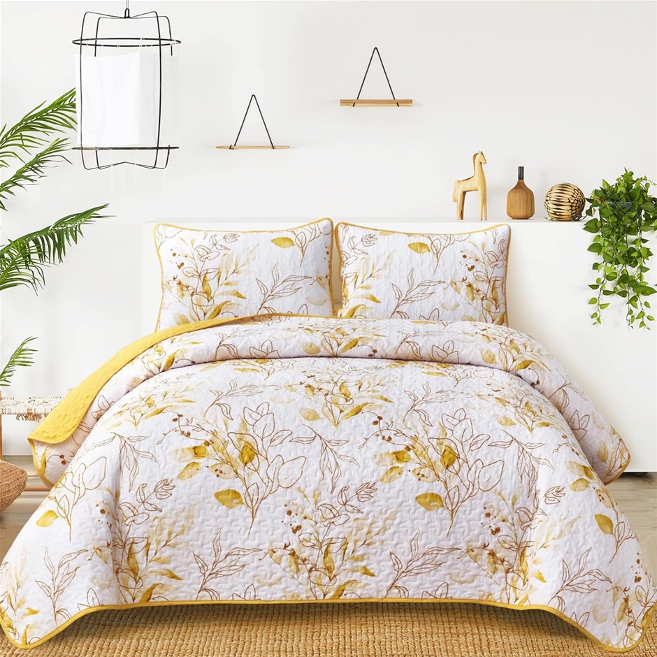 ANIBEDDING Yellow Quilt King, Reversible Yellow Botanical Leaves Pattern Be