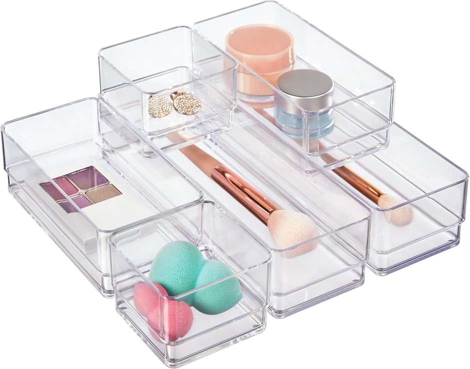 6 Piece Set Clear Plastic Desk Drawer Mini Organizers