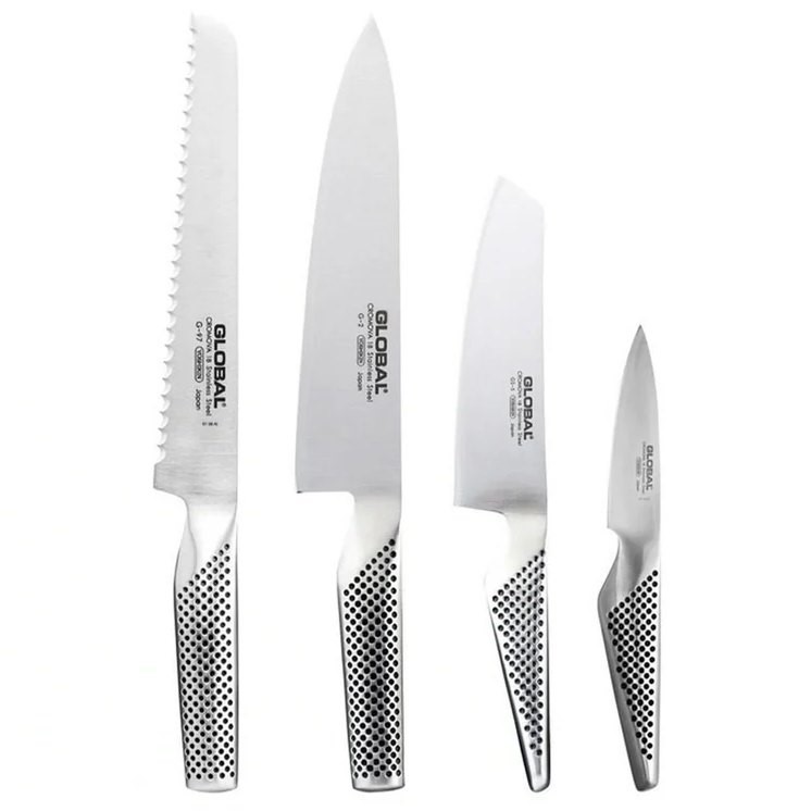 Global Classic Hashira Japanese Knife Set, 4 Piece (Maple). Made in Japan N