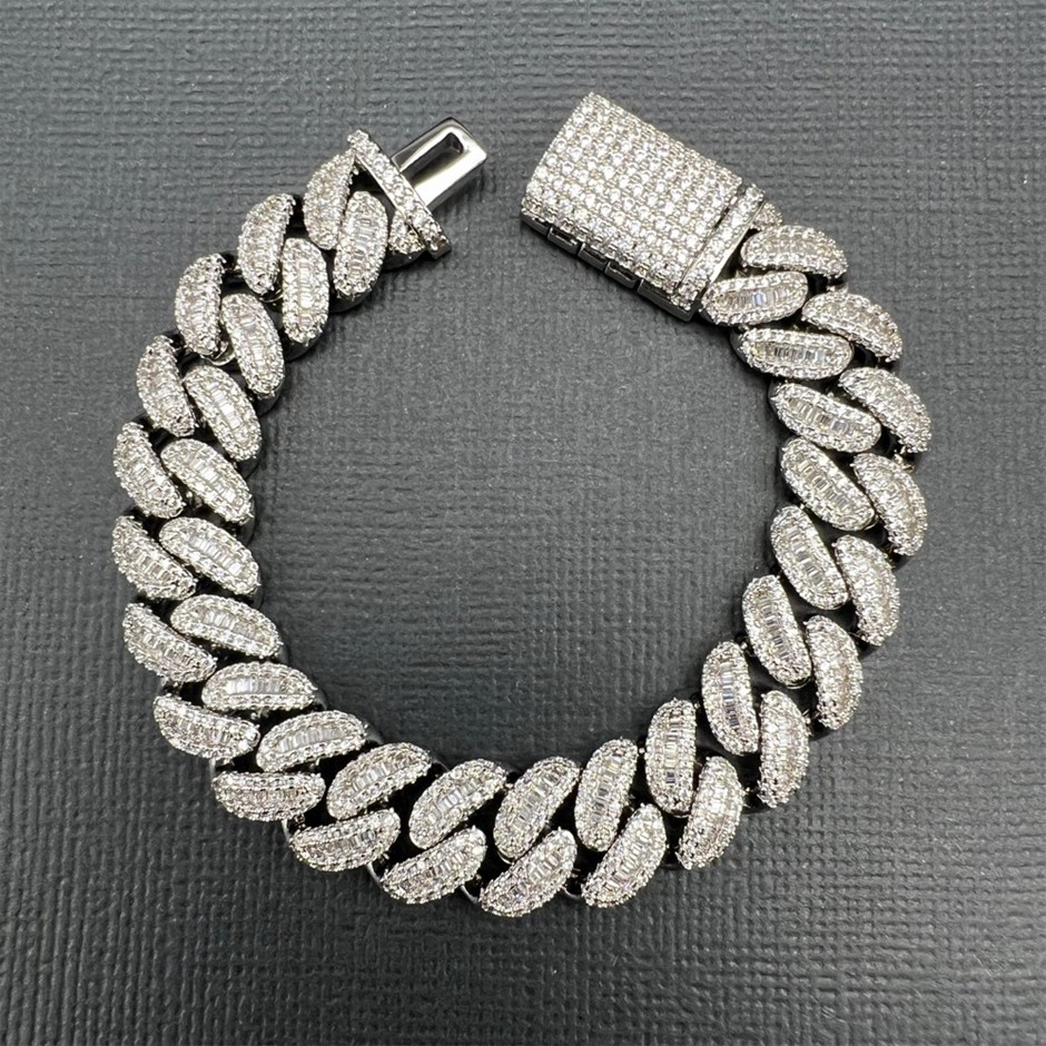 18K White-Filled Cuban Chain Bracelet with Cubic Zirconias - 22.8cm