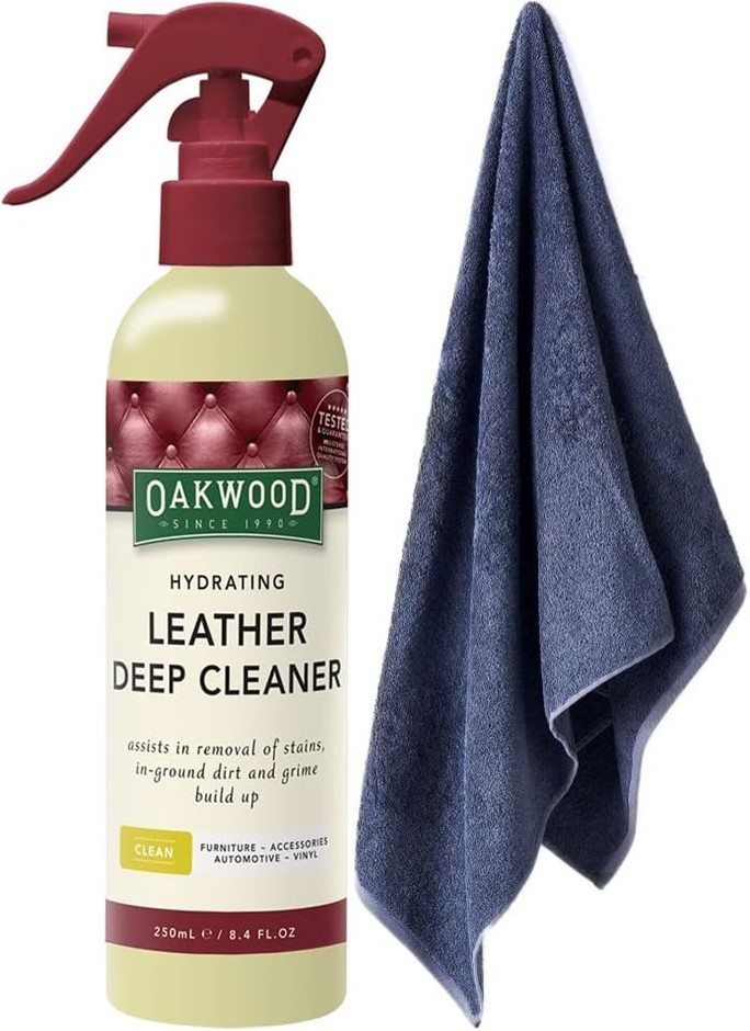 Oakwood Leather Care Deep Clean Soap 250ml & Linen House Nara Towel, Navy,
