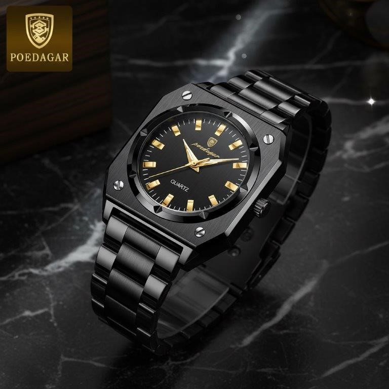 POEDAGAR Men's Black Octagonal Quartz Watch with Gift Box