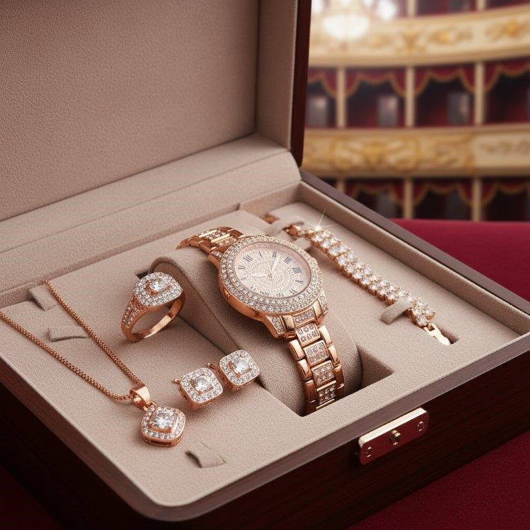 6-Piece Jewellery Set white Stones(Gift Box Included)-in 18k Rose Gold