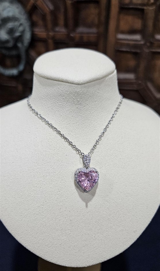 925 Sterling Silver Pink stones Heart Cut Necklace-Simulated Diamonds